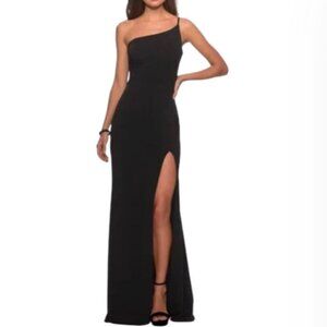 La Femme One-Shoulder Black Jersey Slit Sleeveless Cocktail Gown Size 8 NWT